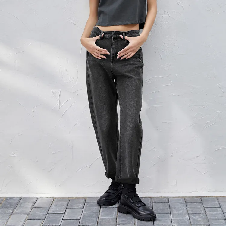 圣迪奥秋季休闲时尚中腰宽松插袋破洞做旧牛仔裤 S23380807