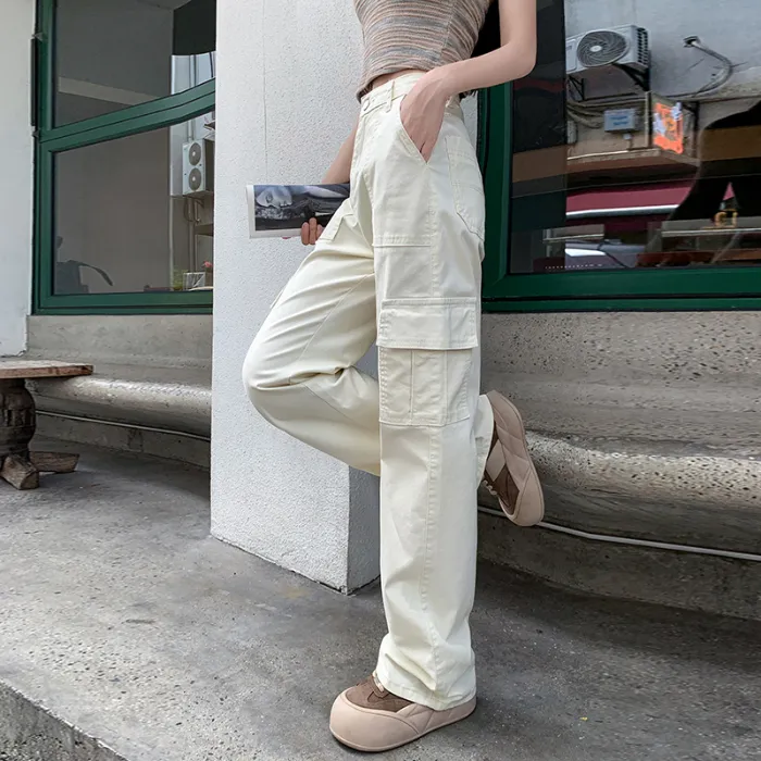 Ranya米杏窄版工装裤女2025春夏新款宽松显瘦美式复古直筒休闲裤