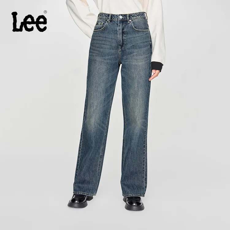 【Lee428懒懒裤】Lee新款琥珀流光舒适直脚拖地复古撞色猫须牛仔裤