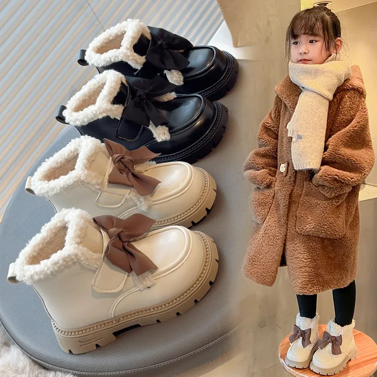 冬季女童靴子加绒蝴蝶结公主短靴儿童棉靴棉鞋时尚小女孩保暖皮靴
