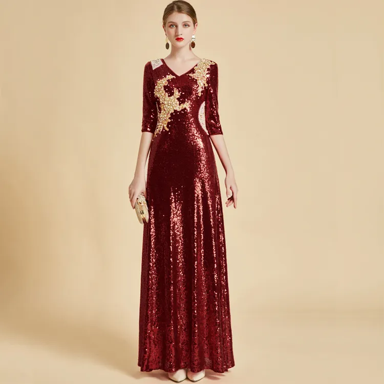 高档质感婚礼显瘦长款妈妈喜婆婆年会主持晚礼服气质亮片结婚女