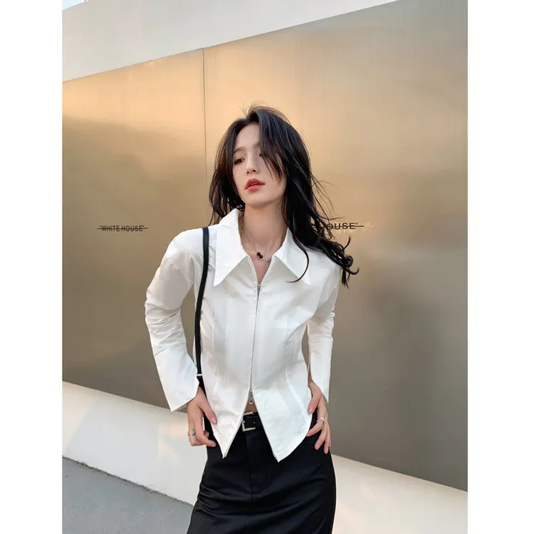 白色法式双拉链短款衬衫叠穿设计款翻领长袖不规则衬衣内搭上衣女