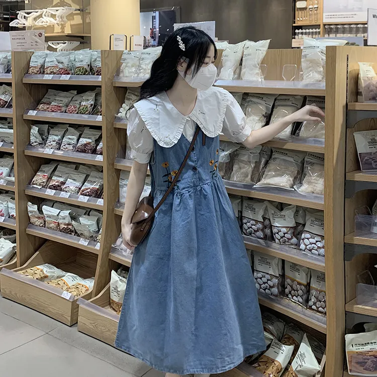 牛仔背带长裙子两件套少女孩夏装12岁大童15初中学生13日系连衣裙