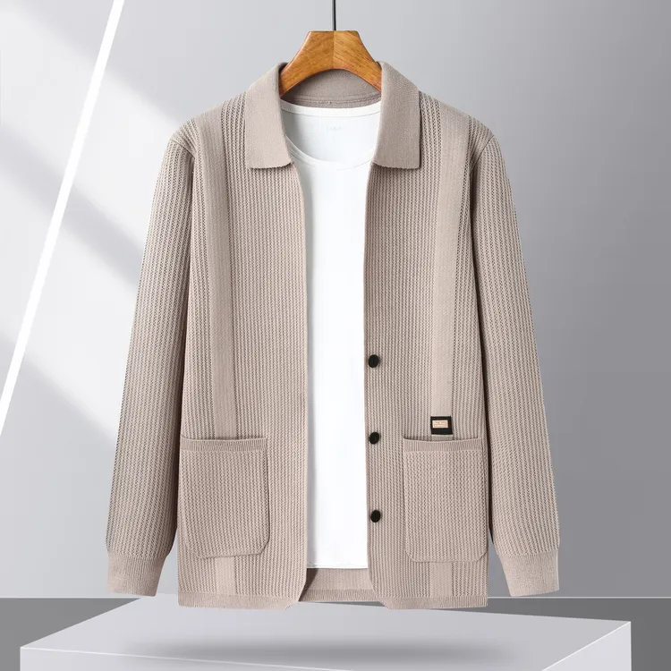 时尚秋季百搭开衫针织外套男外套休闲纯色韩版上衣翻领中年外套