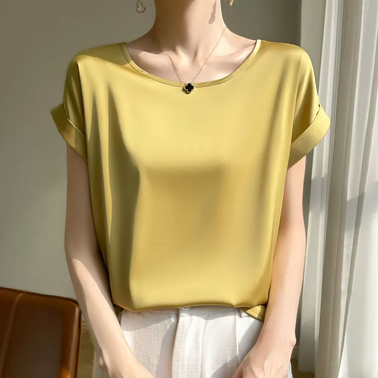 24年夏季新款丝滑缎面短袖女圆领气质纯色薄款上衣