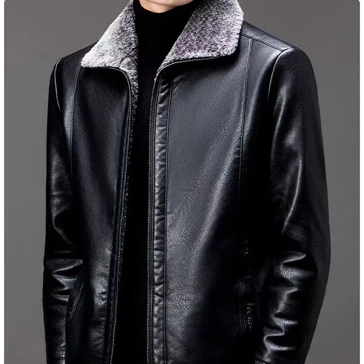 男士加绒水洗皮加厚保暖冬款 不挑人 翻领休闲皮衣