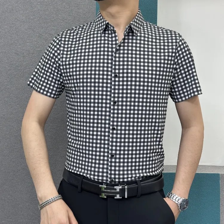 夏季小格子中年男士薄款无痕短袖衬衫男，轻奢商务休闲透气男衬衣