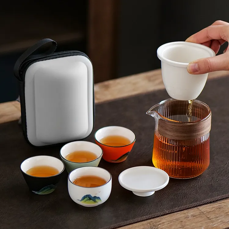 宋建白瓷玻璃快客杯便携式旅行茶具套装一壶二四杯户外泡茶壶随身