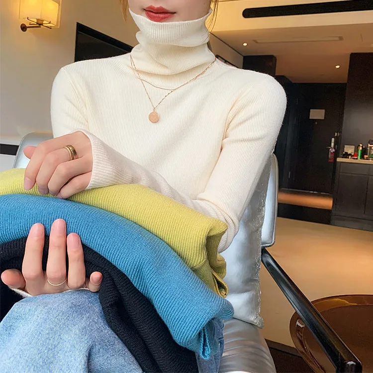 S秋冬高领针织衫内搭打底衫洋气修身套头堆堆领姜黄色毛衣高级感