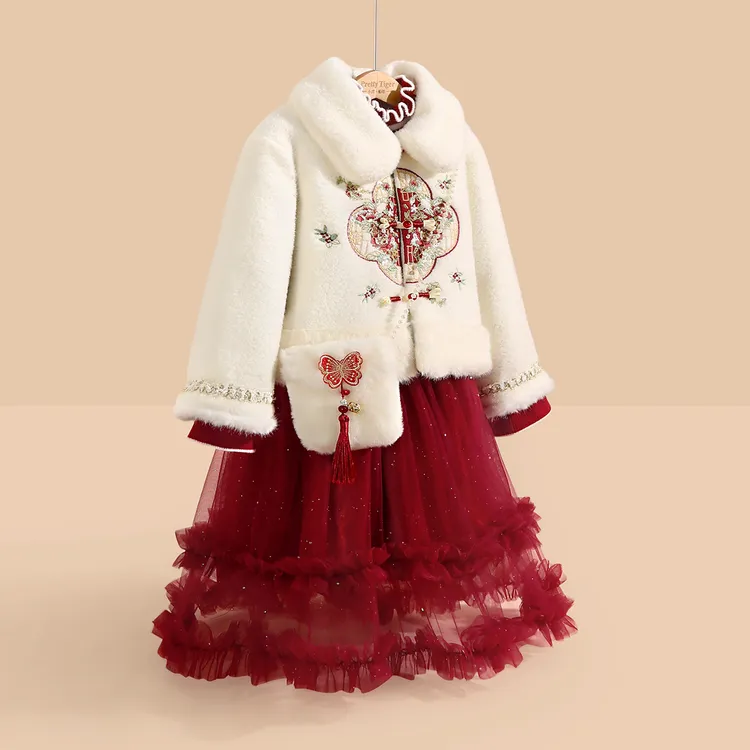 小虎帕蒂冬款女童汉服拜年服中式花朵刺绣毛绒外套公主纱裙两件套