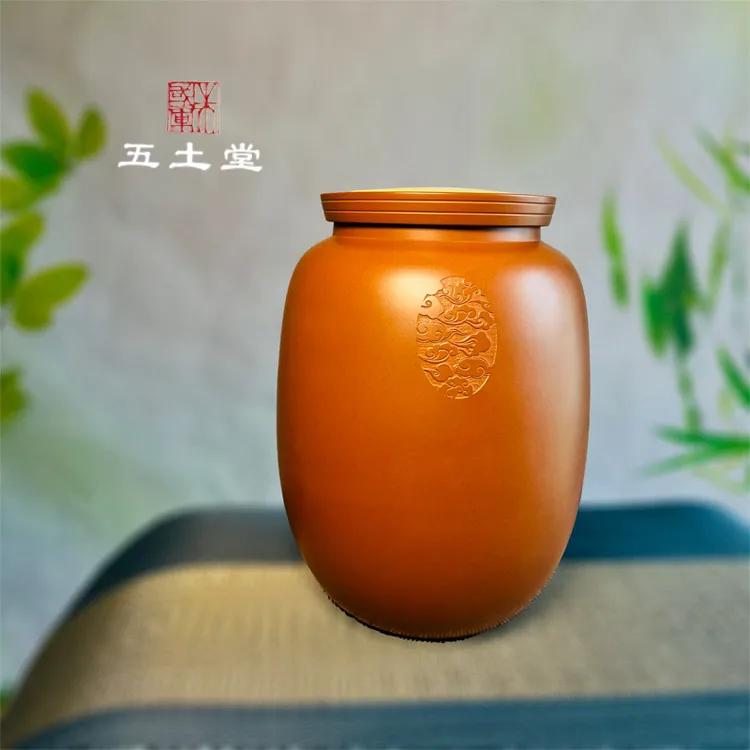 浮雕茶叶罐建水紫陶复烧红色彩填醒茶罐饼茶罐纯手工红泥密封陶瓷