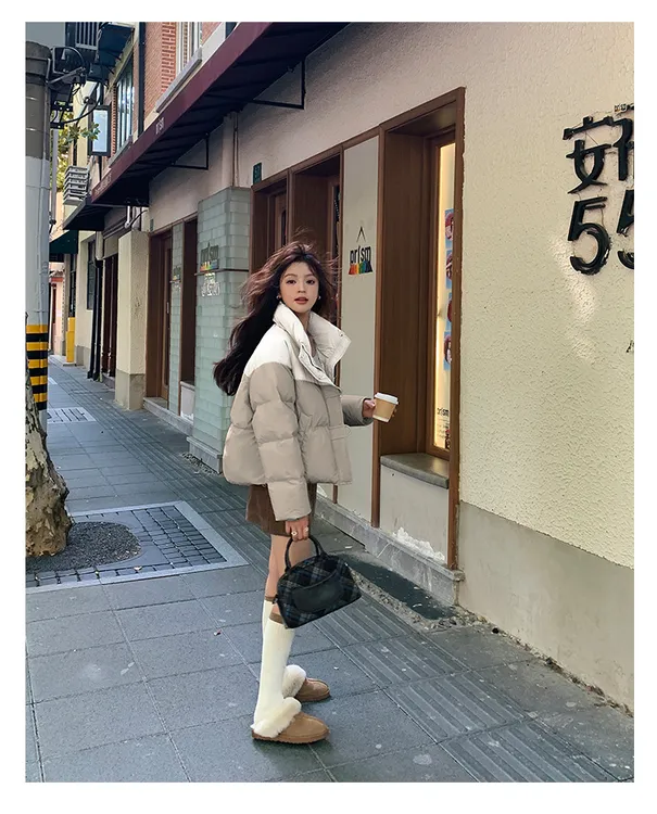 【清雅气场】冬季新款立领撞色拼接牛角扣宽松百搭加厚保暖棉服外套