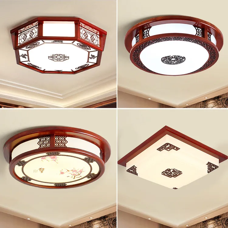 新中式圆形卧室吸顶灯客厅灯木艺新中式餐厅书房间走廊家用卧室灯