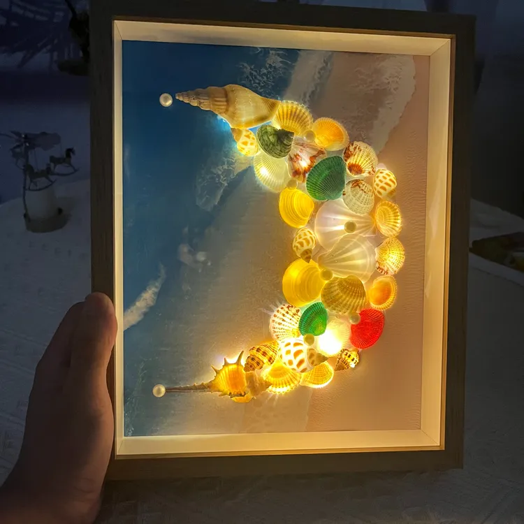 贝壳小夜灯摆件手工diy贝壳相框画创意摆件标本中空相框送女生ins