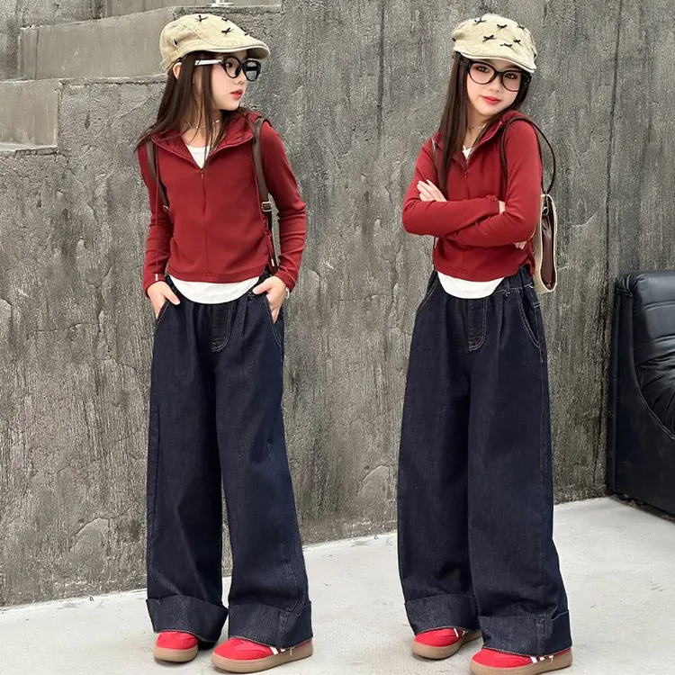 女童安可拉红色打底衫连帽假两件长袖T恤大童牛仔裤阔腿裤两件套