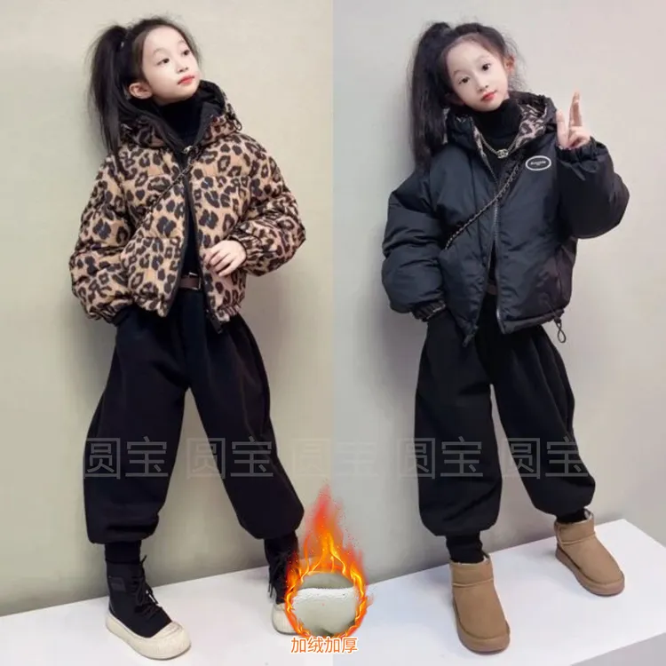 女童棉服加厚冬装儿童豹纹棉衣2024新款大童双面穿外套加绒灯笼裤