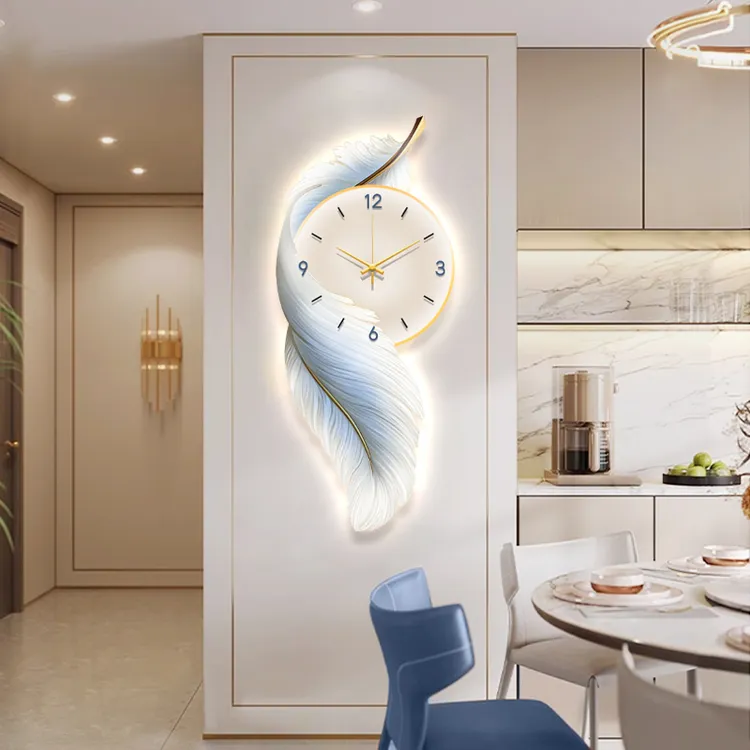 钟表挂钟客厅2024新款餐厅装饰画轻奢羽毛时钟高级感客厅静音挂墙