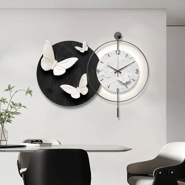 现代简约餐厅装饰画钟表挂钟客厅挂画蝴蝶餐桌背景墙壁画时钟挂墙