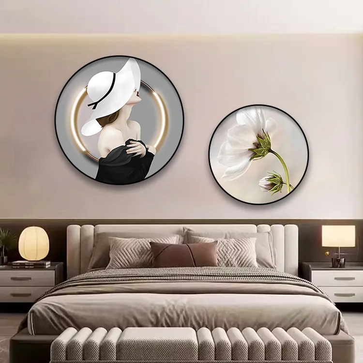 现代简约卧室装饰画轻奢风主卧背景墙挂画2025年新款床头圆形壁画