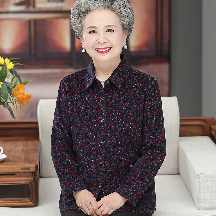 中老年人春秋装女奶奶装全棉衬衫老太太老人衣服妈妈长袖纯棉上衣