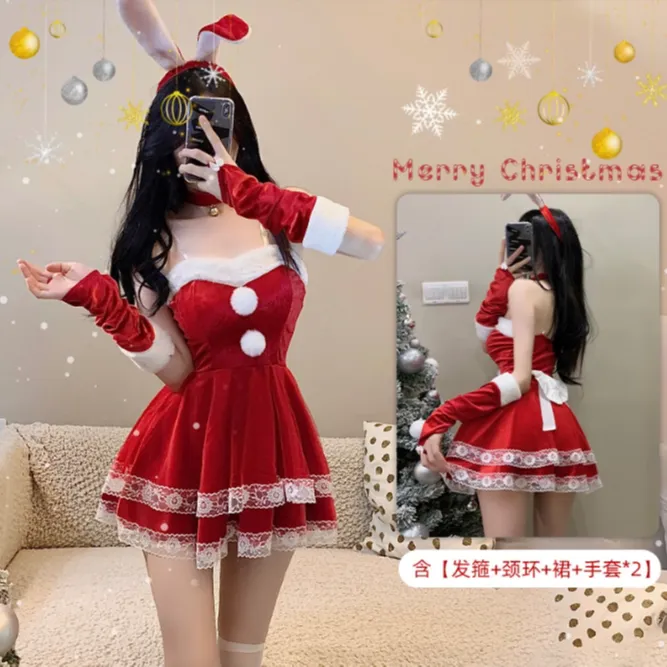 圣诞战袍兔女郎cos制服蕾丝万圣节辣妹抹胸睡裙派对 冬日特惠