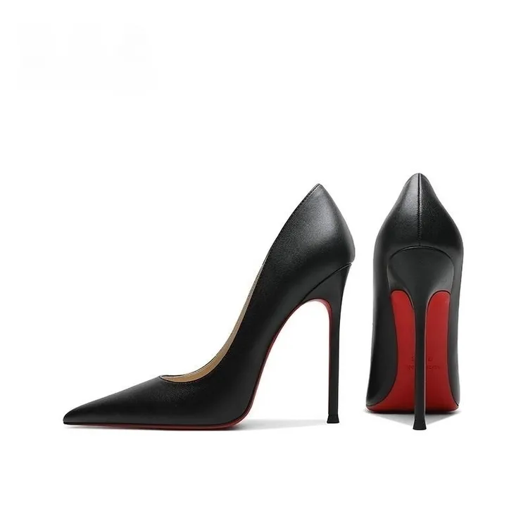 黑色高跟鞋女细跟春新款羊皮性感职业气质红底鞋12cm气质尖头单鞋