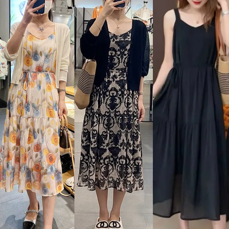 2025夏季新款时尚高端无袖吊带显瘦碎花系带气质中长款连衣裙女潮