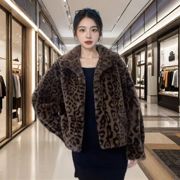 豹纹短款女士秋冬貂绒加厚皮毛一体新款外套宽松气质显瘦休闲百搭