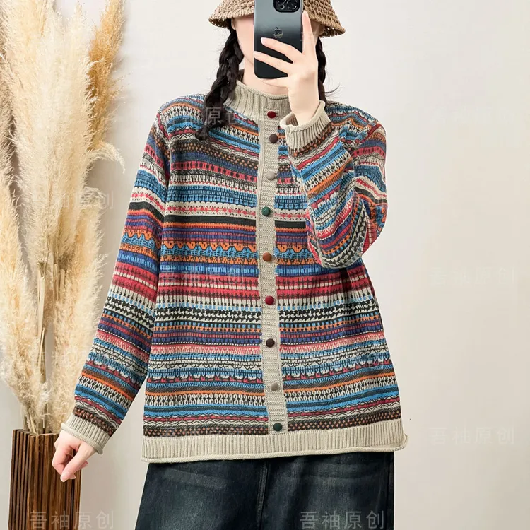 复古印花条纹针织衫女长袖2025年早春新款文艺宽松休闲毛衣打底衫