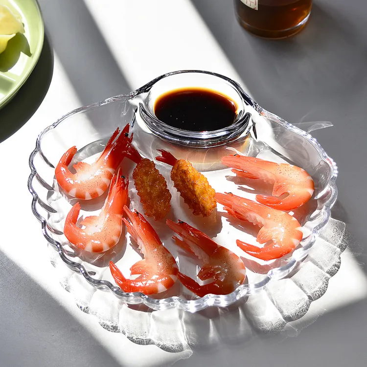 加厚玻璃饺子盘子带醋碟减脂分餐盘家用扇形贝壳水饺盘蘸料盘一体