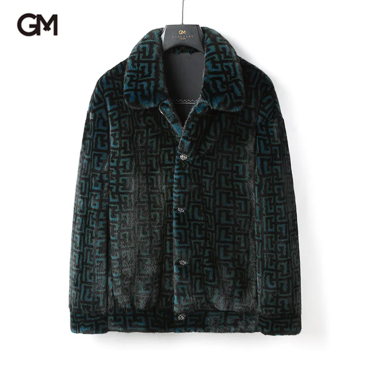 GUSS MART/戈斯迈特丹麦水貂皮草大衣男整貂翻领短款落肩字母印花