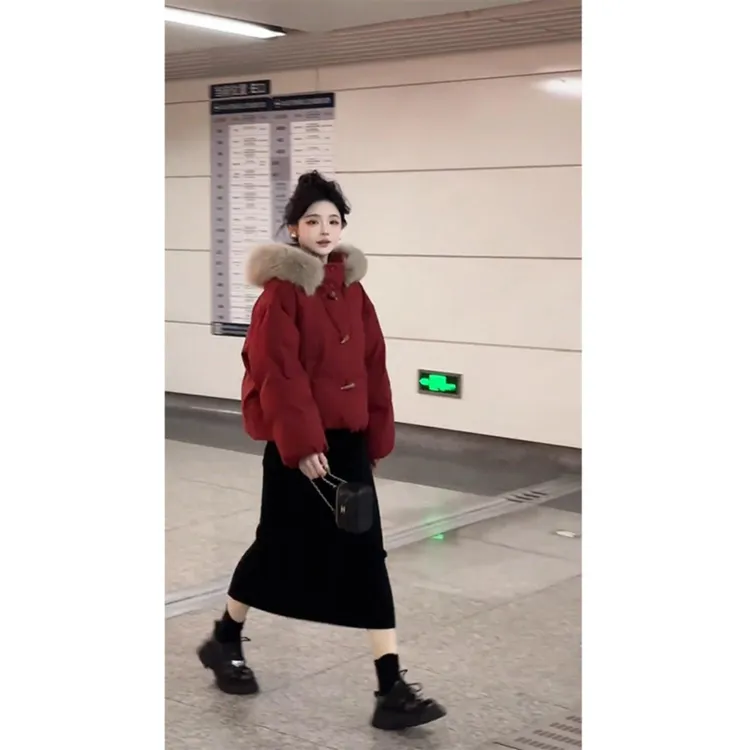 2025秋冬新款冬季冬款年红色短款羽绒服棉服棉衣半身裙子两件套装