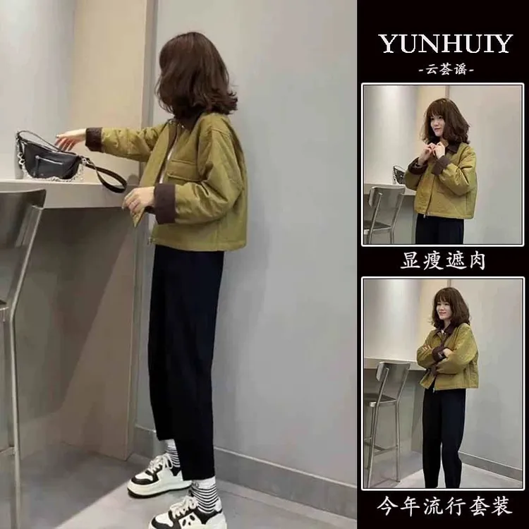 秋装搭配一整套小个子时髦穿搭洋气军绿色夹棉短款外套女两件套装