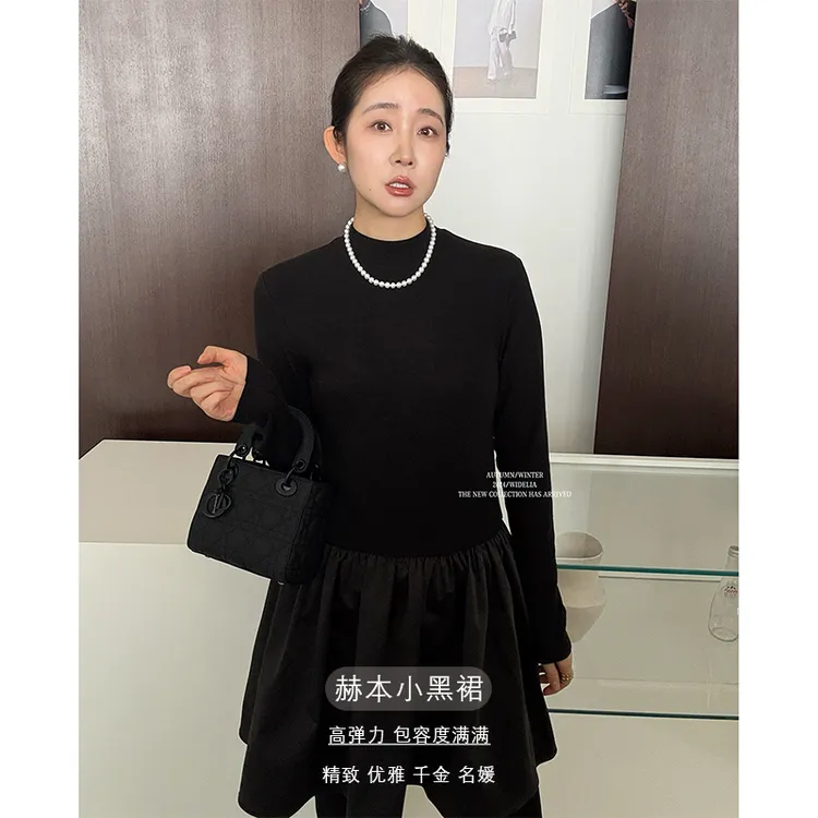 widelia秋冬款韩版9375 赫本风小黑裙显瘦气质风优雅风拼接连衣裙