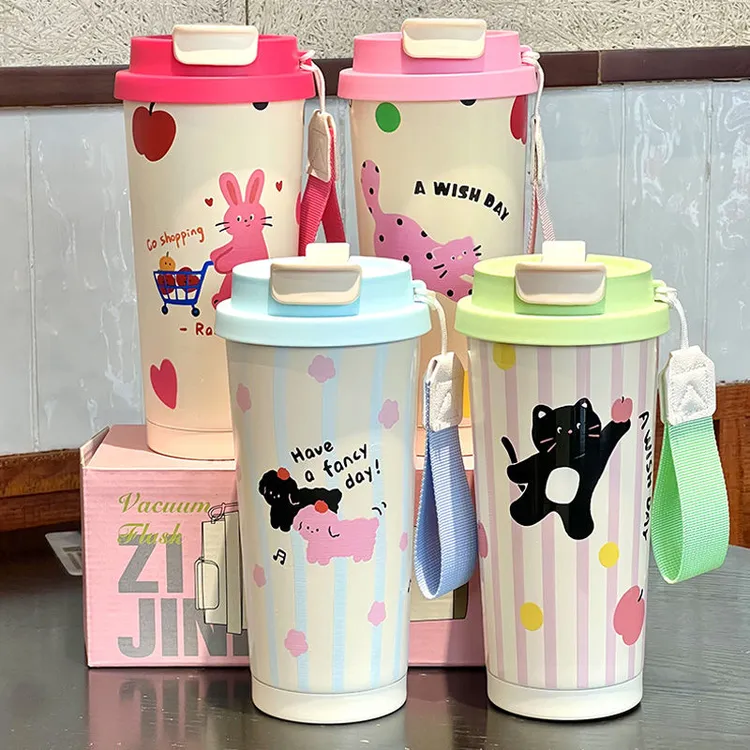 小猫双饮咖啡杯学生保温家用便携骑行高颜值女可爱316大容量水杯