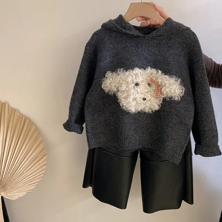 Z-KY045女童卡通卷毛小狗连帽针织毛衣2024秋冬新款加绒皮裤套装