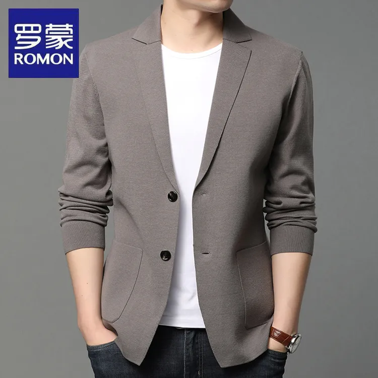 罗蒙春秋季新款男士休闲针织西服薄款开衫西装时尚外套商务上衣潮
