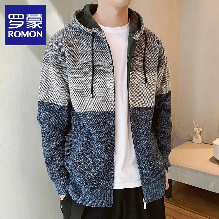 罗蒙春秋季新款男士休闲拼色时尚针织卫衣开衫连帽外套韩版上衣潮