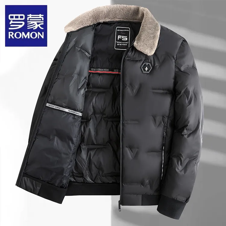 罗蒙男装秋冬季新款保暖毛领棉服中老年男装爸爸翻领加厚短款外套