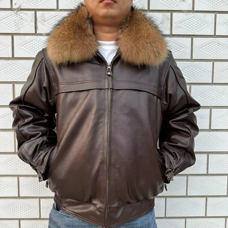 冬季男士牛皮真皮夹克加绒百搭皮毛一体保暖中老年男款高档真皮