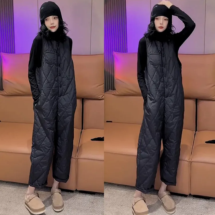 欧洲站2025秋冬新款菱格显瘦单排扣减龄连体裤女百搭纯色休闲裤潮