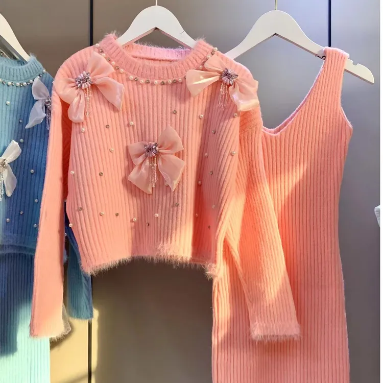 立体蝴蝶结装饰毛衣两件套时尚套装