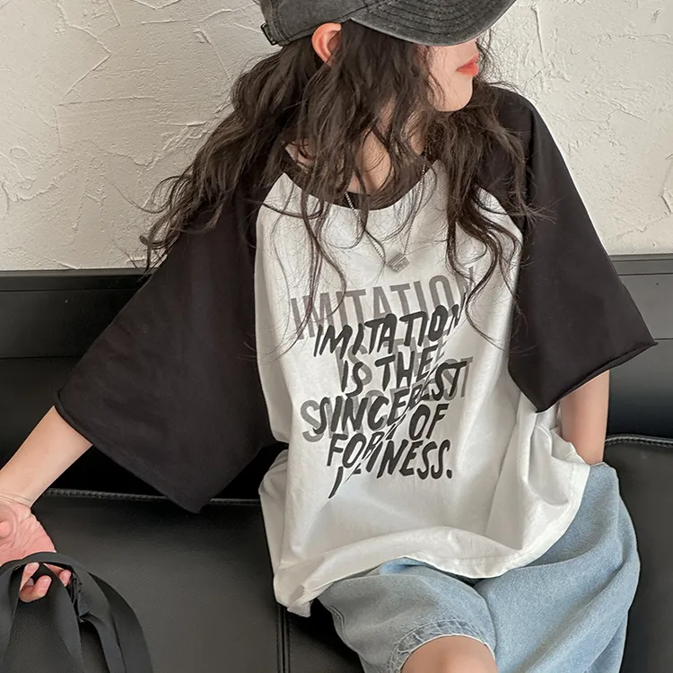 K26323插肩袖女童短袖2025新款儿童拼色T恤夏装宽松百搭半袖上衣t