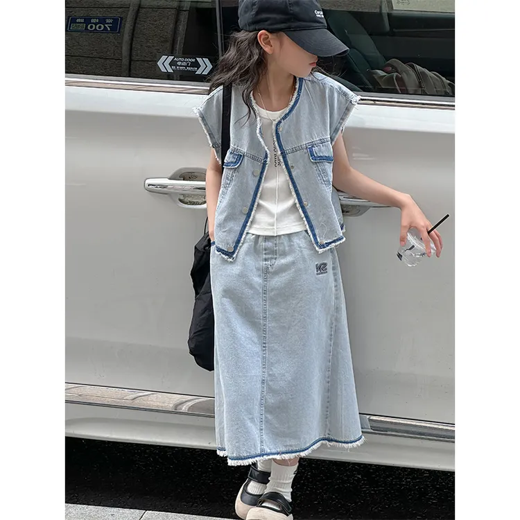 K26672毛边女童牛仔套装2025新款夏季马甲半身裙女孩衣服两件套潮
