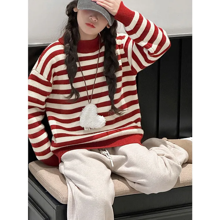 K27926学院风女童毛衣2024新款秋冬儿童条纹针织衫加厚打底衫上衣