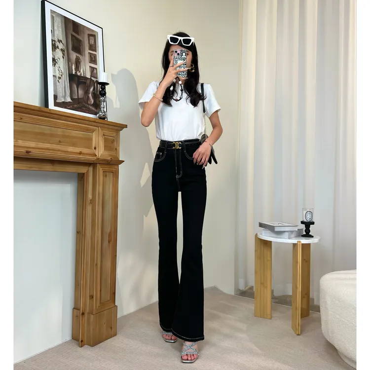 秋冬新款透黑微喇叭牛仔裤明线黑白撞色弹力中高腰百搭显瘦显腿长