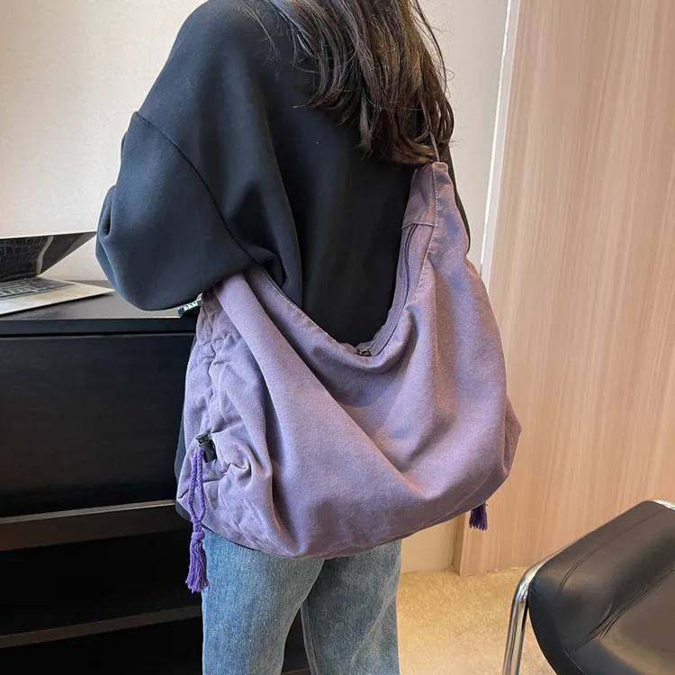 慵懒风包包斜挎包女大学生上课包 ins风日系大容量纯色单肩帆布包