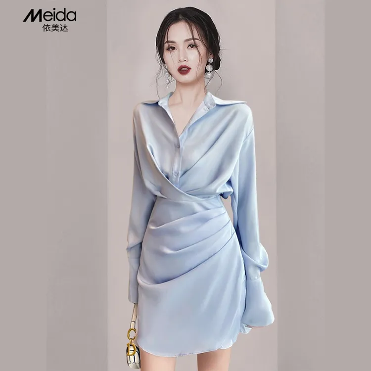 轻奢御姐风蓝色连衣裙女2025秋季新款高端精致褶皱收腰显瘦衬衫裙