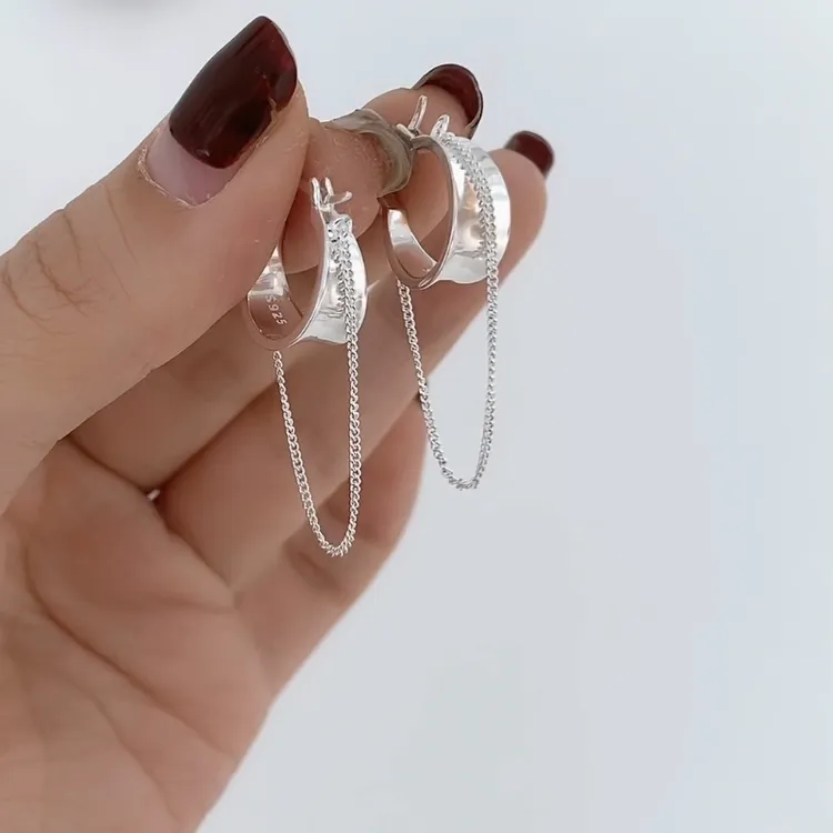 925银耳饰 链条流苏耳扣宽面耳圈 小众设计高级感个性耳环女款