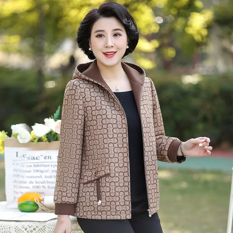 美学家时尚妈妈2025春季新款高贵洋气连帽休闲外套大码外套A0361
